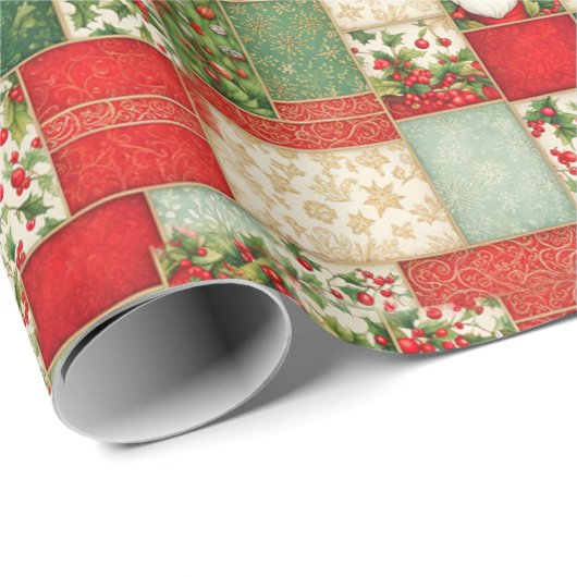 Kerst Patchwork in rood en groen Cadeaupapier (Rol Hoek)
