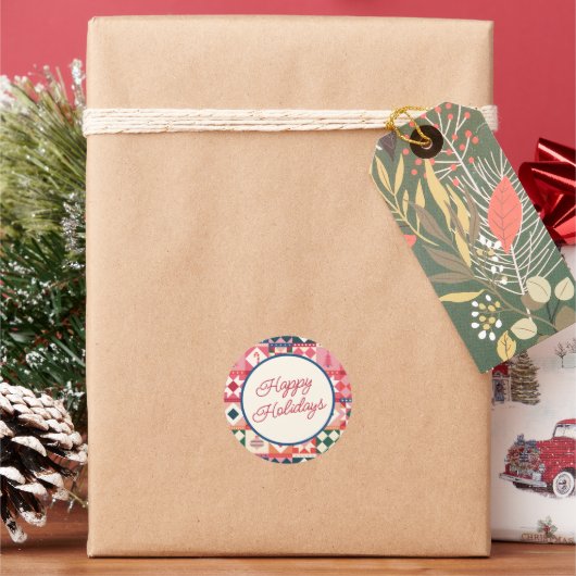 Kerst Patchwork Meerkleurig Prettig Kerstfeest Ronde Sticker (Feestdagen)