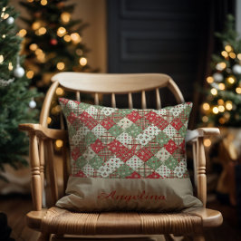 Kerst patchwork naam Groen Rood beige Kussen