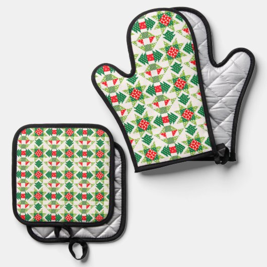 Kerst patchwork quilt ovenhandschoen & pot houder ovenwant & pannenlap set (Voorkant / Achterkant)