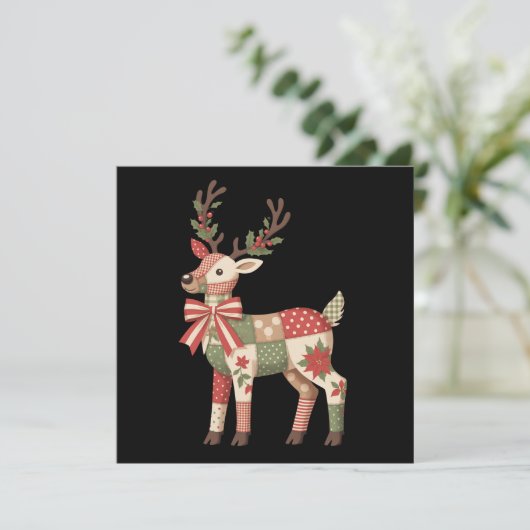 Kerst Patchwork Rendier Borduurwerk Dier Feestdagenkaart (Staand voorkant)
