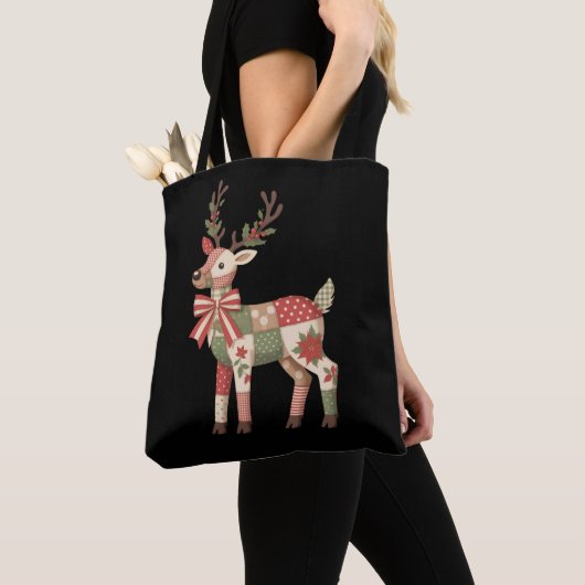 Kerst Patchwork Rendier Borduurwerk Dier Tote Bag (Dichtbij)