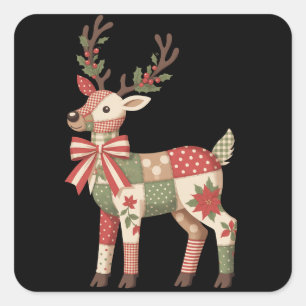 Kerst Patchwork Rendier Borduurwerk Dier Vierkante Sticker