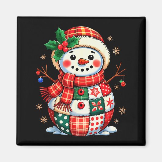 Kerst Patchwork Sneeuwman - Gewatteerde Kerstsfeer Magneet (Voorkant)