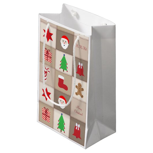 Kerst Patroon Kleine Gift Bag - Beige Klein Cadeauzakje (Voorkant Gekanteld)