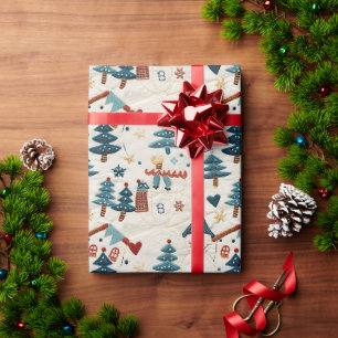 Kerst patroon met een sneeuwpop en bomen cadeaupapier