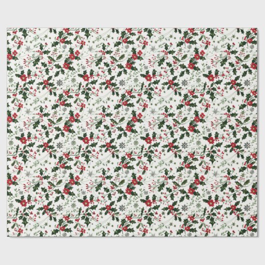 Kerst Patroon W / Holly, Rode bloemen en bessen Cadeaupapier (Vlak)