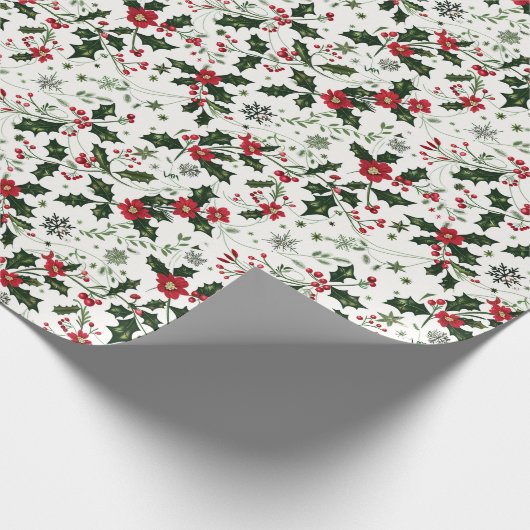 Kerst Patroon W / Holly, Rode bloemen en bessen Cadeaupapier (Hoek)