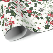 Kerst Patroon W / Holly, Rode bloemen en bessen Cadeaupapier (Rol Hoek)
