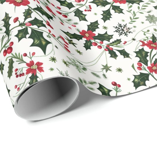 Kerst Patroon W / Holly, Rode bloemen en bessen Cadeaupapier (Rol Hoek)