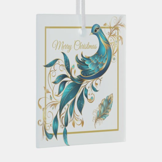 Kerst Pauw en Veer Glas Ornament (Voorkant Rechts)