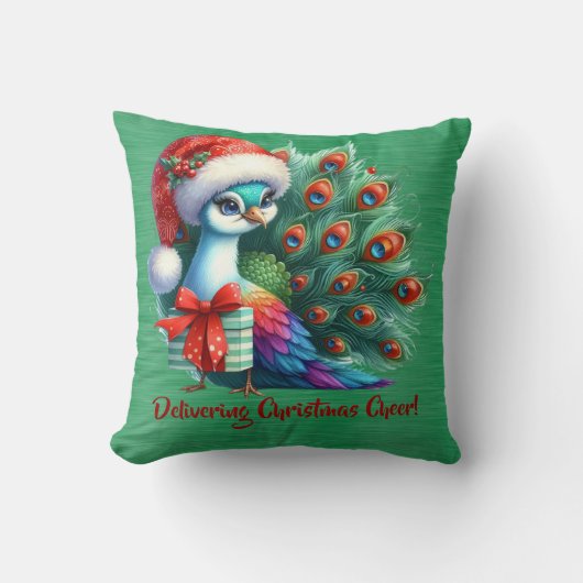Kerst pauw in Santa Hat het leveren van Cheer Kussen (Voorkant)
