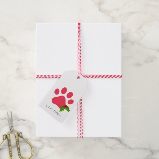 Kerst Paw Prints Holly Love Pet Name Vakantie Cadeaulabel (Met Touw)