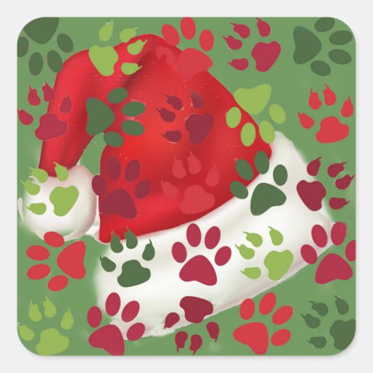 Kerst Paw Prints met Santa Hat Vierkante Sticker (Voorkant)