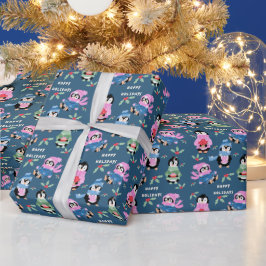Kerst Penguïn Crew Patroon Blauw Inpakpapier