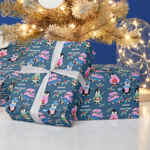 Kerst Penguïn Crew Patroon Blauw Inpakpapier