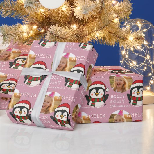 Kerst Penguïn Persoonlijke Foto Cadeaupapier (Feestdagen)