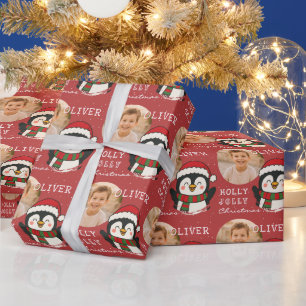 Kerst Penguïn Persoonlijke Foto Cadeaupapier