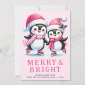 Kerst Penguinschaatsers Roze Kerstmis Merry & Brig Feestdagenkaart (Voorkant)