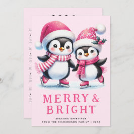 Kerst Penguinschaatsers Roze Kerstmis Merry & Brig Feestdagenkaart