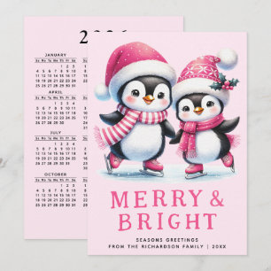 Kerst Penguinschaatsers Roze Kerstmis Merry & Brig Feestdagenkaart