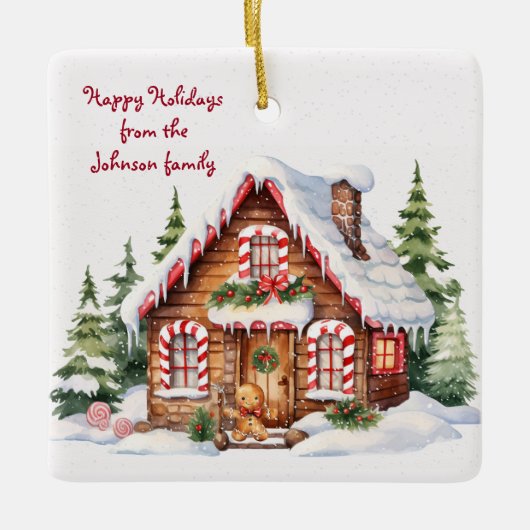 Kerst peperkoek huis in de sneeuw keramisch ornament (Voorkant)