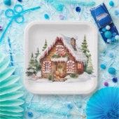 Kerst peperkoek huis in de sneeuw papieren bordje (Feest)