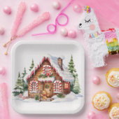 Kerst peperkoek huis in de sneeuw papieren bordje (Feest)