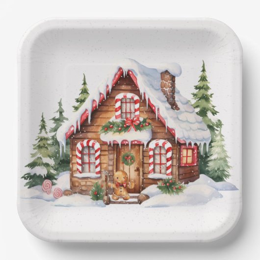 Kerst peperkoek huis in de sneeuw papieren bordje (Voorkant)