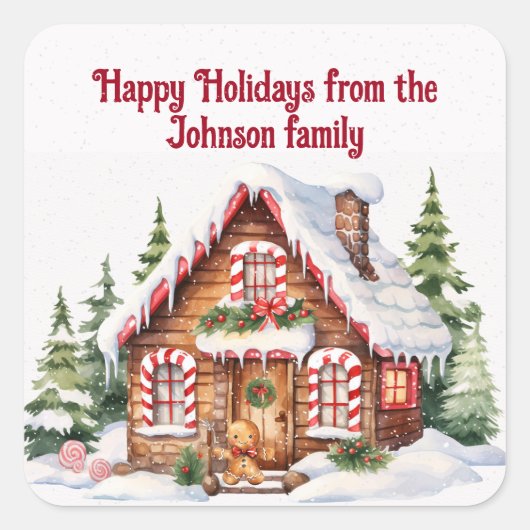 Kerst peperkoek huis in de sneeuw vierkante sticker (Voorkant)