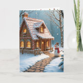 Kerst peperkoek huis met een sneeuwpop kaart (Voorkant)