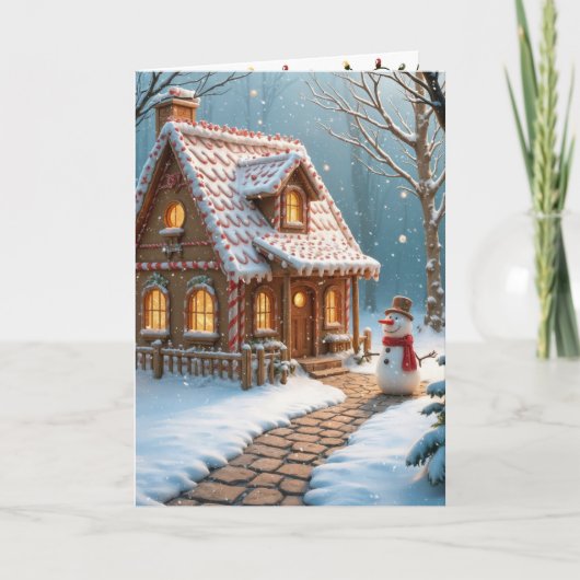 Kerst peperkoek huis met een sneeuwpop kaart (Voorkant)