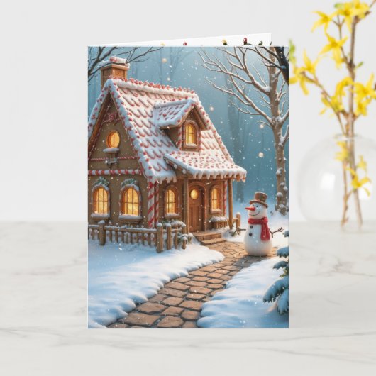 Kerst peperkoek huis met een sneeuwpop kaart (Gele Bloem)