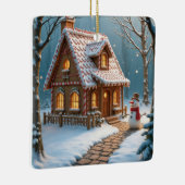 Kerst peperkoek huis met een sneeuwpop keramisch ornament (Rechts)