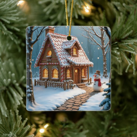 Kerst peperkoek huis met een sneeuwpop keramisch ornament (Boom)