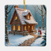 Kerst peperkoek huis met een sneeuwpop keramisch ornament (Voorkant)