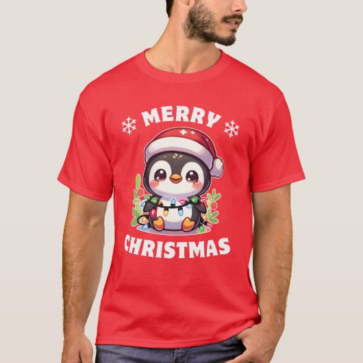 Kerst Pet Kerst Fairy Lights Penguin retro T-shirt (Voorkant)