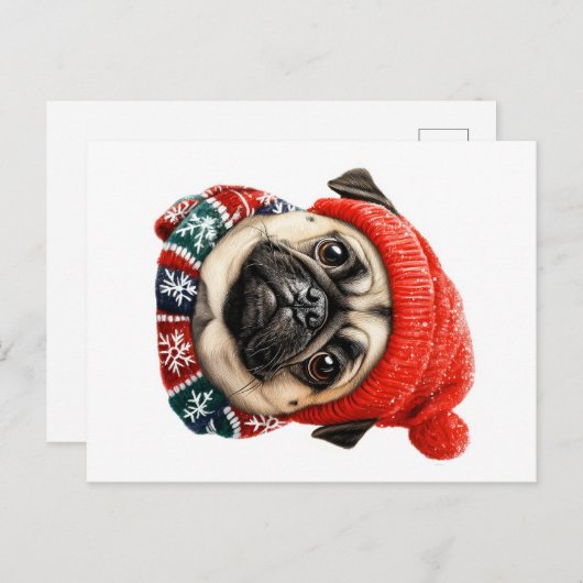 Kerst pet schattige pug feestdagenkaart (Voorkant / Achterkant)