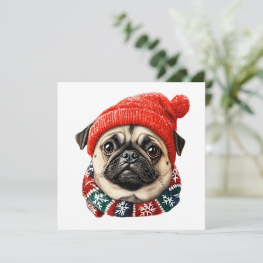 Kerst pet schattige pug feestdagenkaart (Staand voorkant)