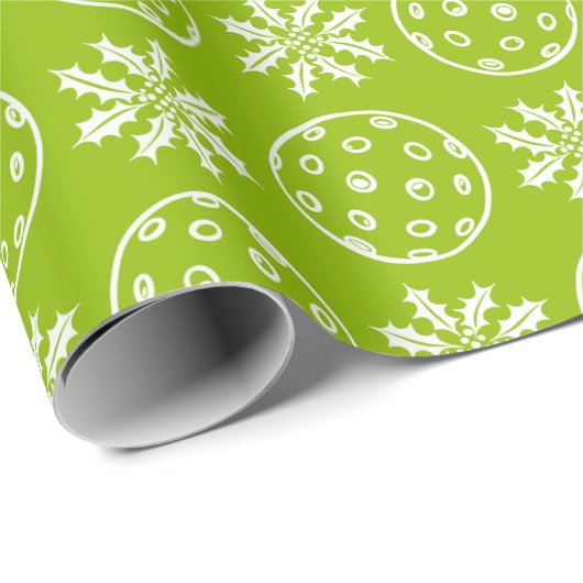 Kerst Pickleball Ball en Holly in Lime Green Cadeaupapier (Rol Hoek)