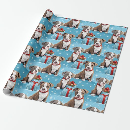 Kerst Piebald PitBull Puppies rode linten Cadeaupapier (Uitgerold)