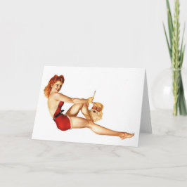 Kerst Pin-Up Meisje met Santa Mask Feestdagen Kaart