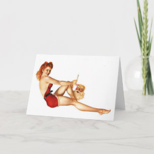 Kerst Pin-Up Meisje met Santa Mask Feestdagen Kaart