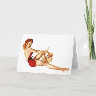 Kerst Pin-Up Meisje met Santa Mask Feestdagen Kaart