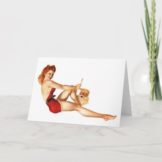 Kerst Pin-Up Meisje met Santa Mask Feestdagen Kaart (Voorkant)