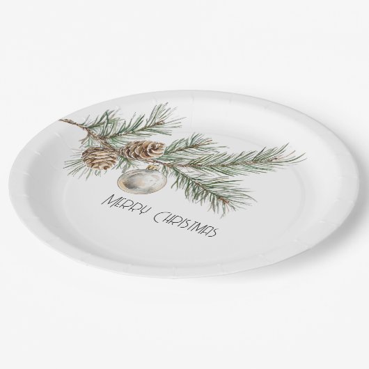 Kerst Pine Cones Branch en Ornament Papieren Bordje (Gekanteld)