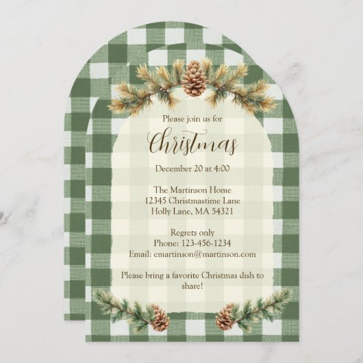 Kerst Pine Cones Branches Green Gingham Arch Kaart (Voorkant / Achterkant)
