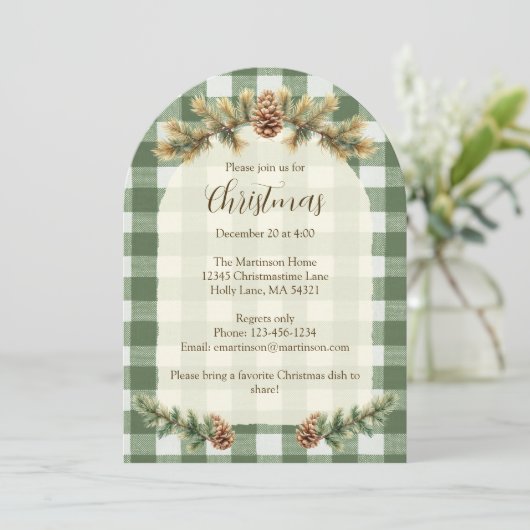 Kerst Pine Cones Branches Green Gingham Arch Kaart (Staand voorkant)