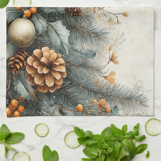 Kerst Pine Cones Holly Gold Ornamenten Theedoek (Gevouwen)