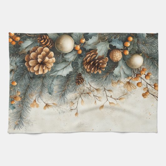Kerst Pine Cones Holly Gold Ornamenten Theedoek (Horizontaal)